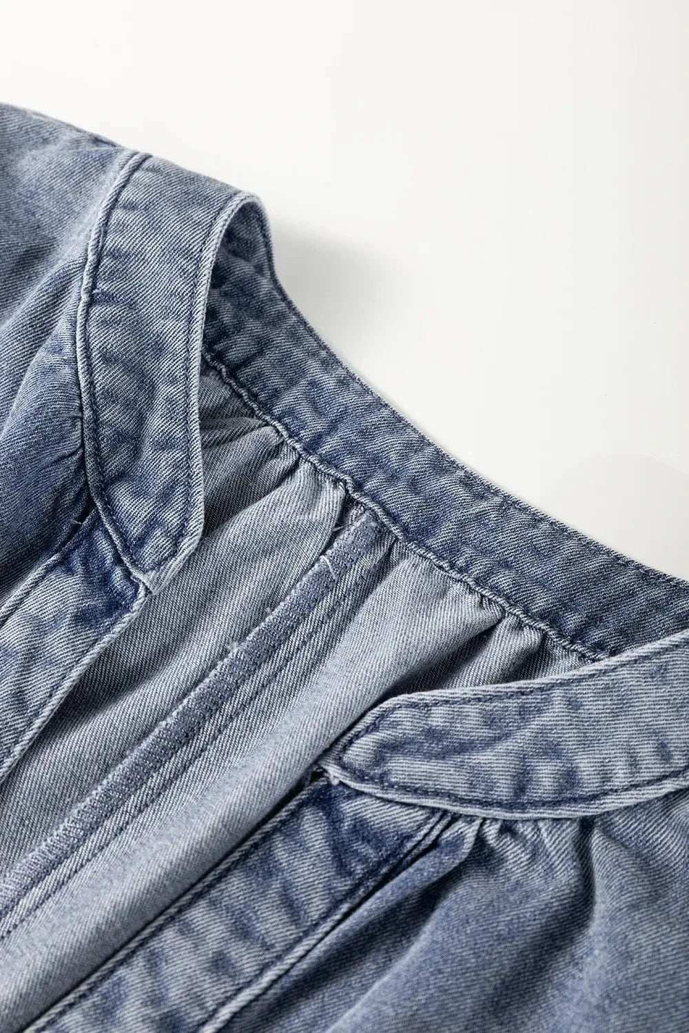 V Neck Ruffled Short Puff Sleeve Denim Top - Trendsi - Flyclothing LLC