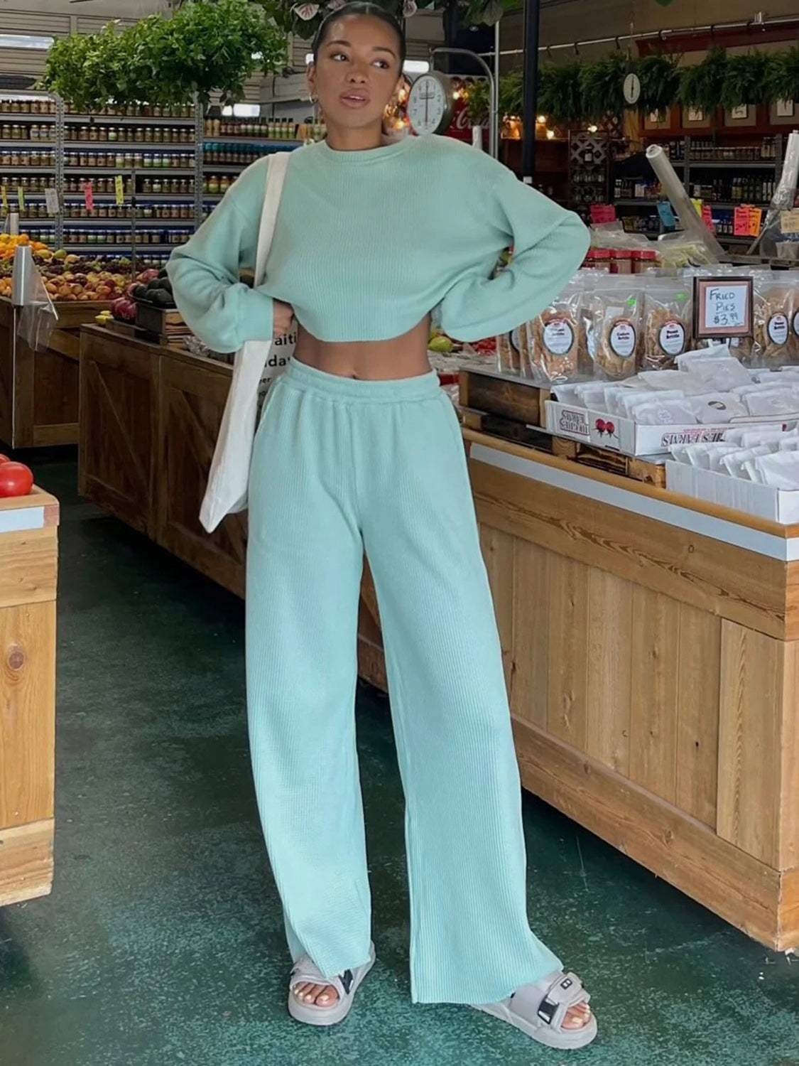 Waffle-Knit Round Neck Top and Pants Set - Trendsi - Flyclothing LLC