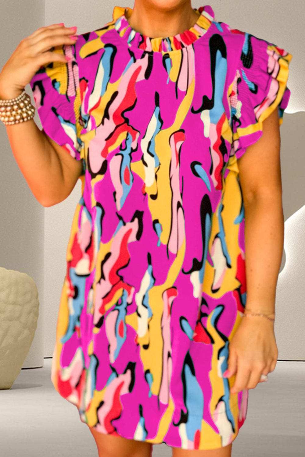 Ruffled Printed Cap Sleeve Mini Dress - Trendsi - Flyclothing LLC
