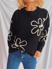 Flower Round Neck Long Sleeve Sweater - Trendsi