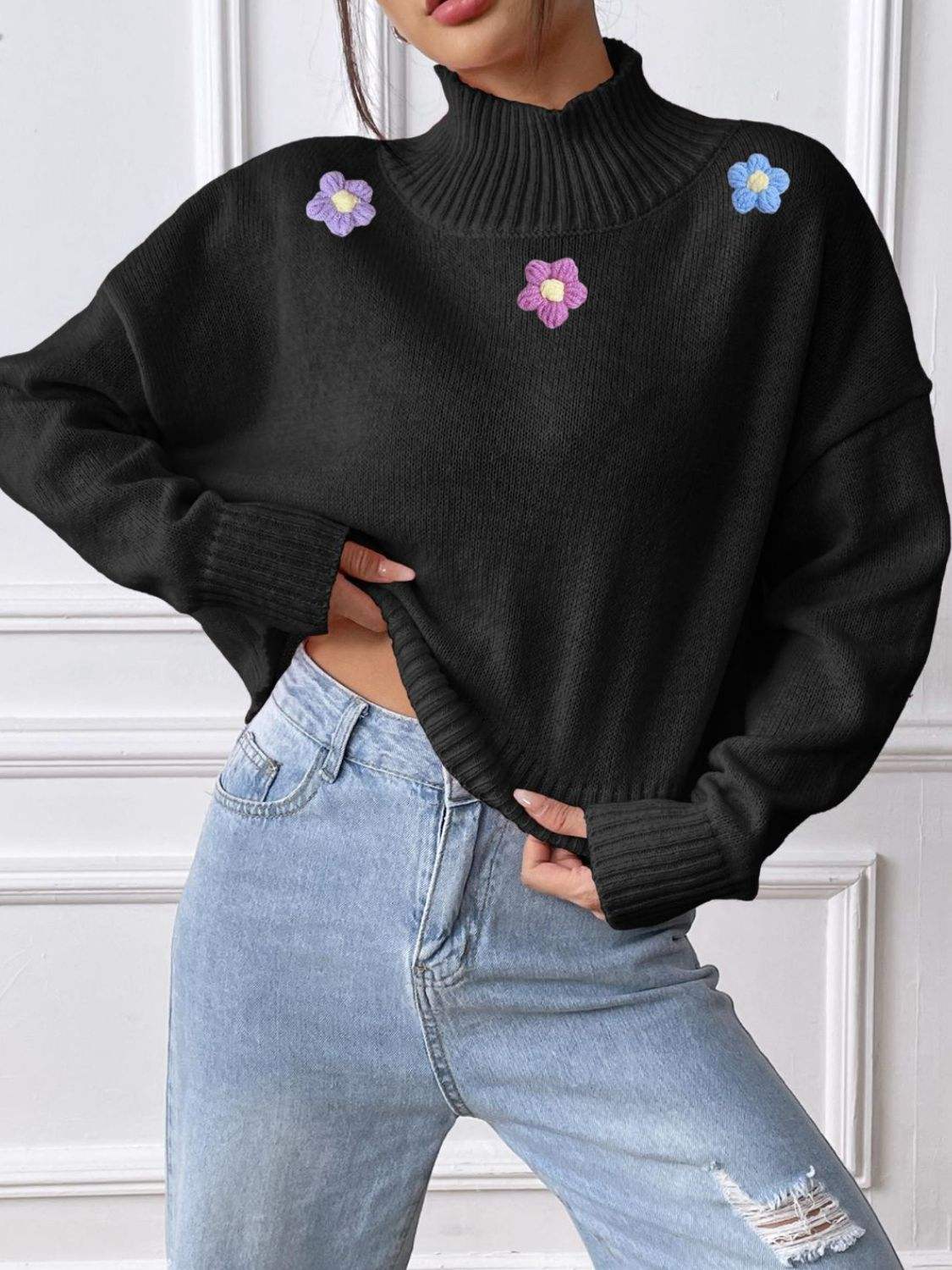 Flower Turtleneck Long Sleeve Sweater - Trendsi - Flyclothing LLC
