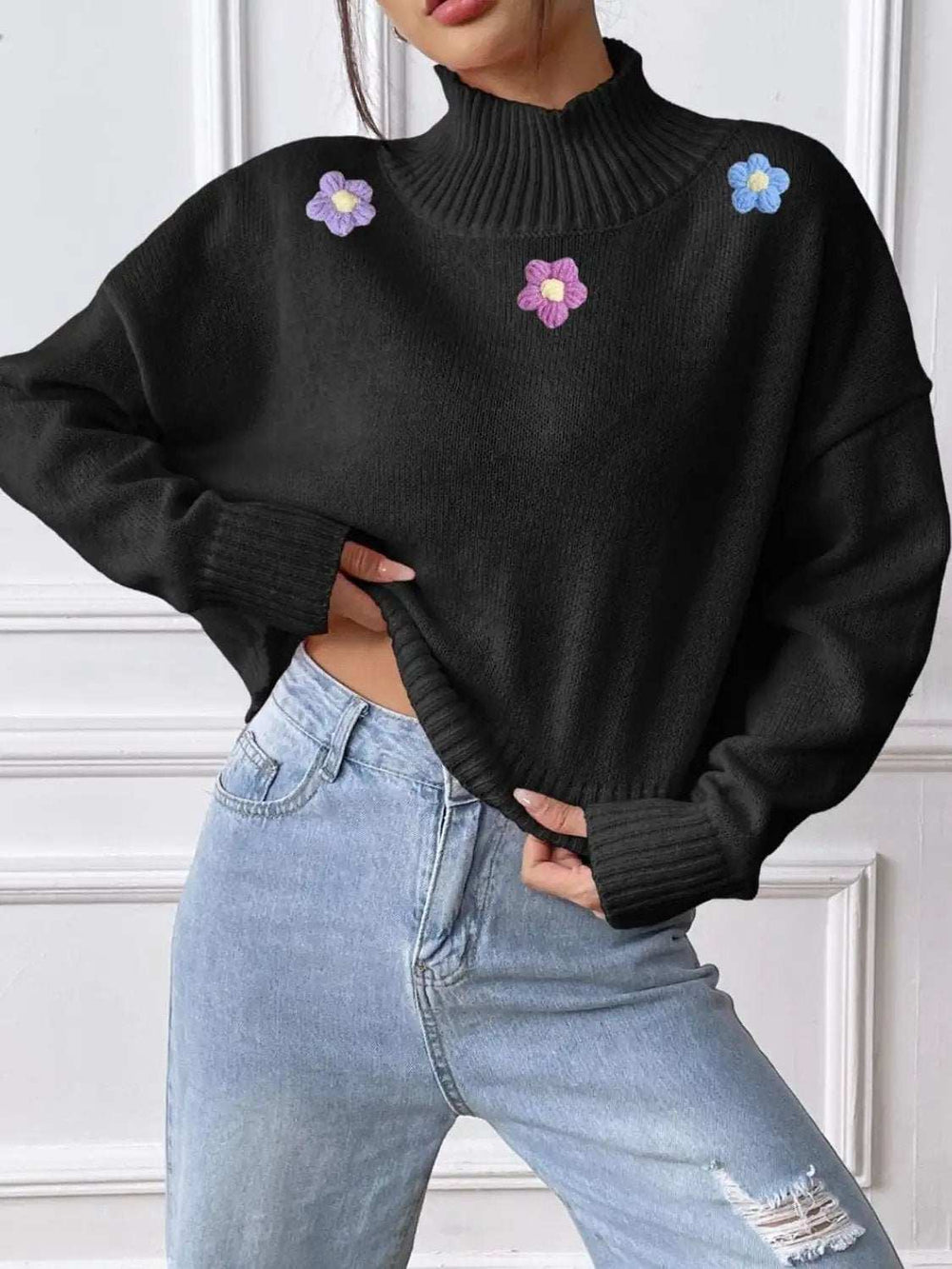 Flower Turtleneck Long Sleeve Sweater - Trendsi - Flyclothing LLC
