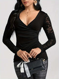 Lace Ruched Surplice Long Sleeve Top - Trendsi - Flyclothing LLC