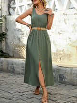 Perfee Decorative Button Slit Sleeveless Midi Dress - Trendsi - Flyclothing LLC