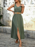 Perfee Decorative Button Slit Sleeveless Midi Dress - Trendsi