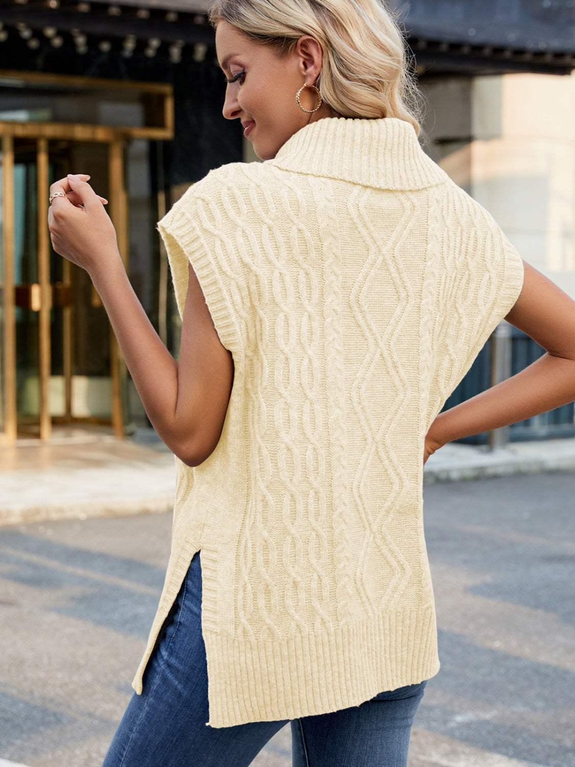 Side Slit Turtleneck Sweater Vest - Trendsi - Flyclothing LLC