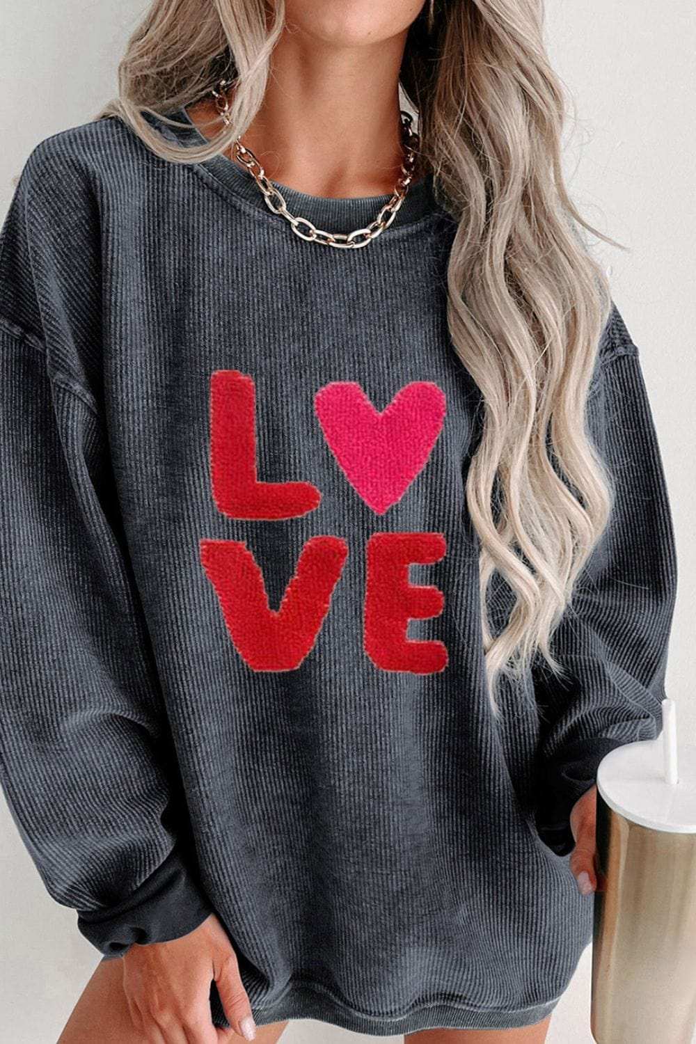 Valentine’s Day LOVE Round Neck Long Sleeve Sweatshirt - Trendsi - Flyclothing LLC