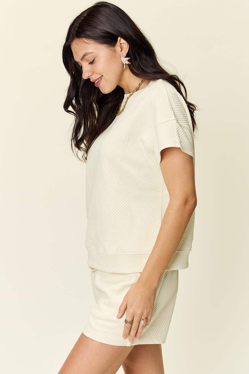 Double Take Full Size Texture Short Sleeve T-Shirt and Drawstring Shorts Set - Trendsi - Flyclothing LLC