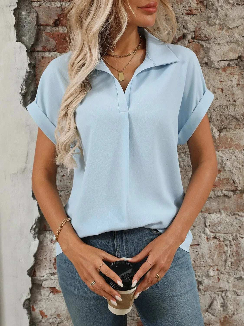 Collared Neck Short Sleeve Blouse - Trendsi - Flyclothing LLC