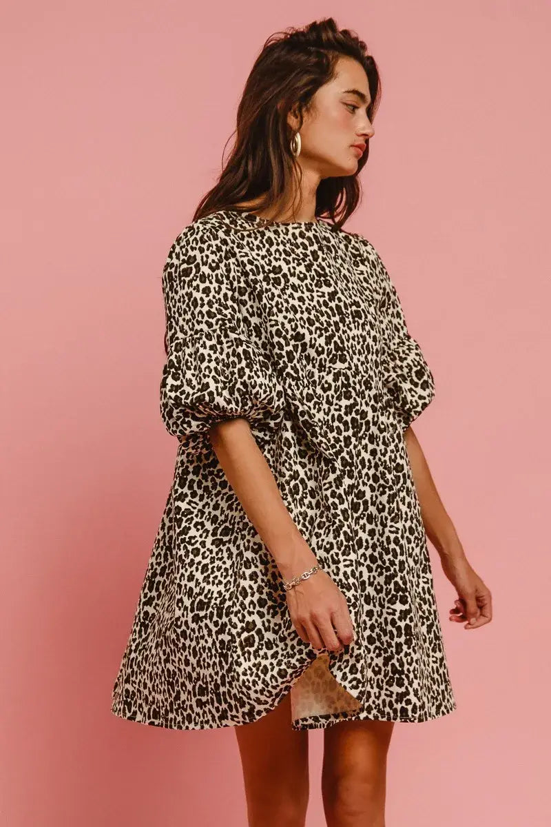 BiBi Leopard Denim Dress With Back Contrast Tie Detail - Trendsi - Flyclothing LLC