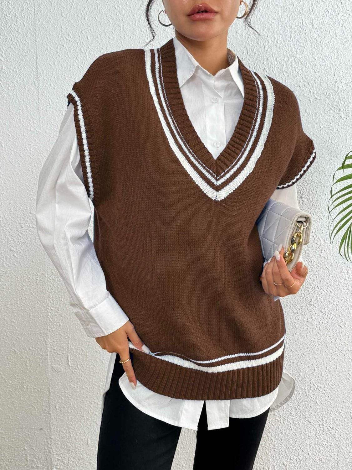 Contrast Trim V-Neck Sweater Vest - Trendsi - Flyclothing LLC