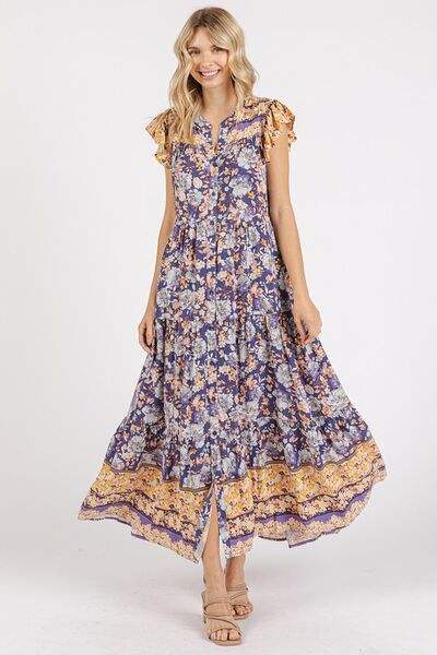 Mittoshop Floral Ruffled Notched Cap Sleeve Maxi Dress - Trendsi - Flyclothing LLC