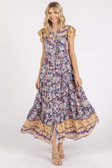 Mittoshop Floral Ruffled Notched Cap Sleeve Maxi Dress - Trendsi - Flyclothing LLC