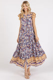 Mittoshop Floral Ruffled Notched Cap Sleeve Maxi Dress - Trendsi