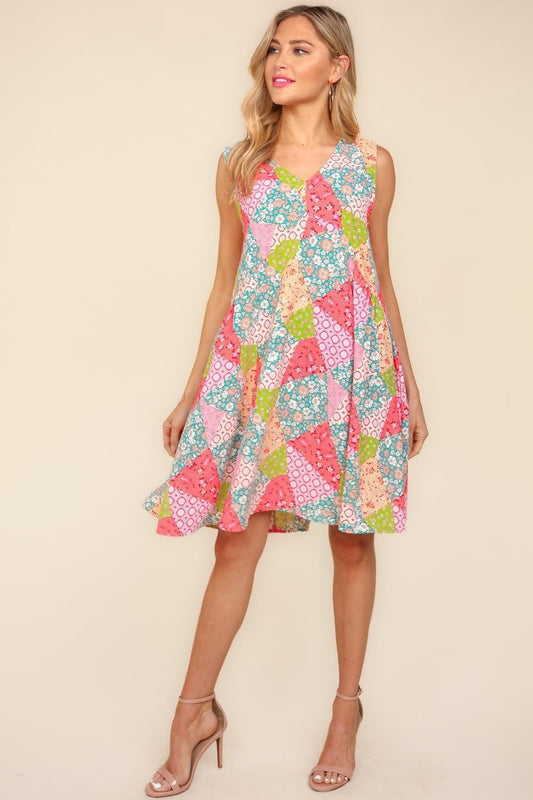 Haptics Full Size Babydoll Floral Patchwork Dress with Side Pockets - Trendsi