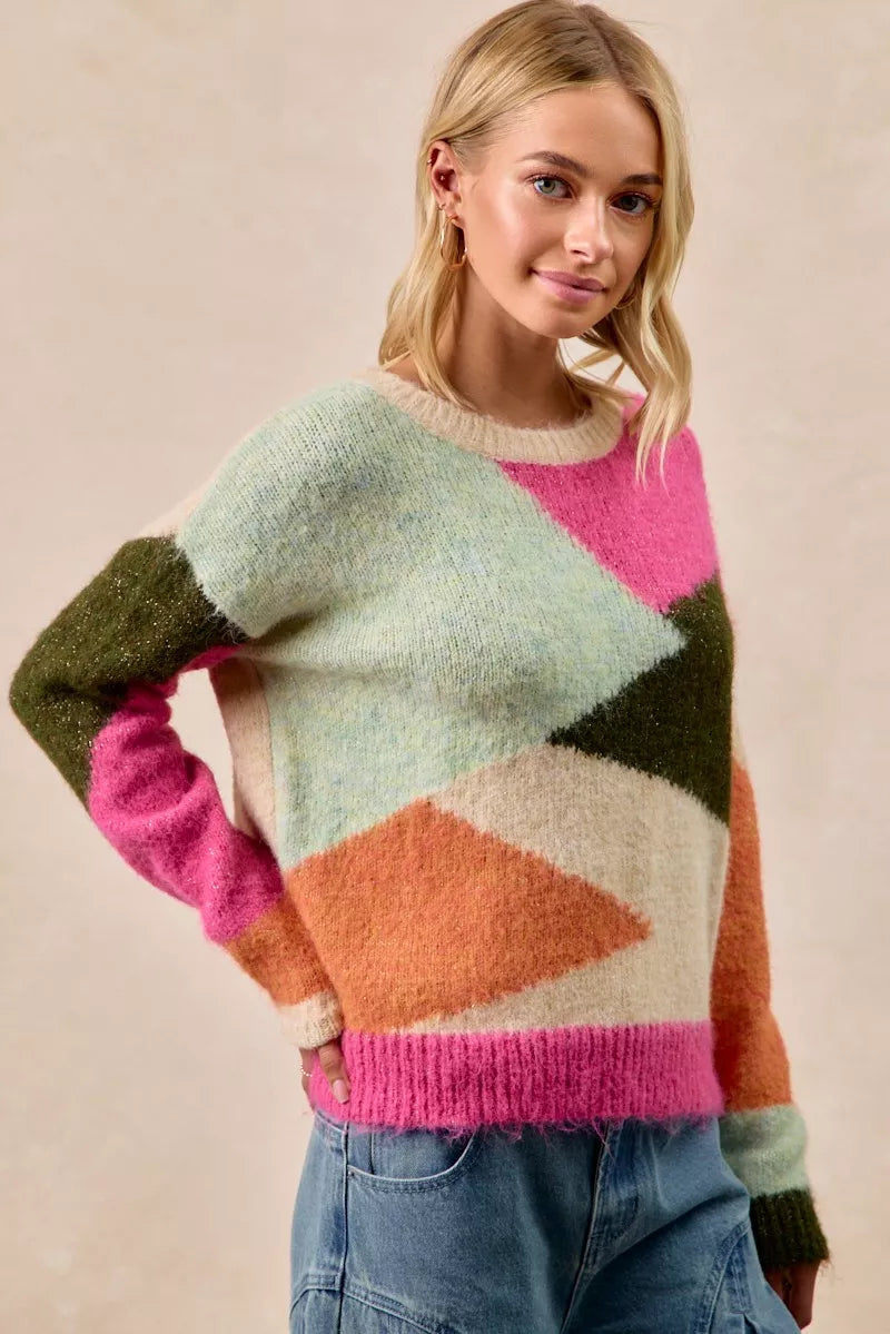 BiBi Multi Color Block Sweater Top - Trendsi - Flyclothing LLC