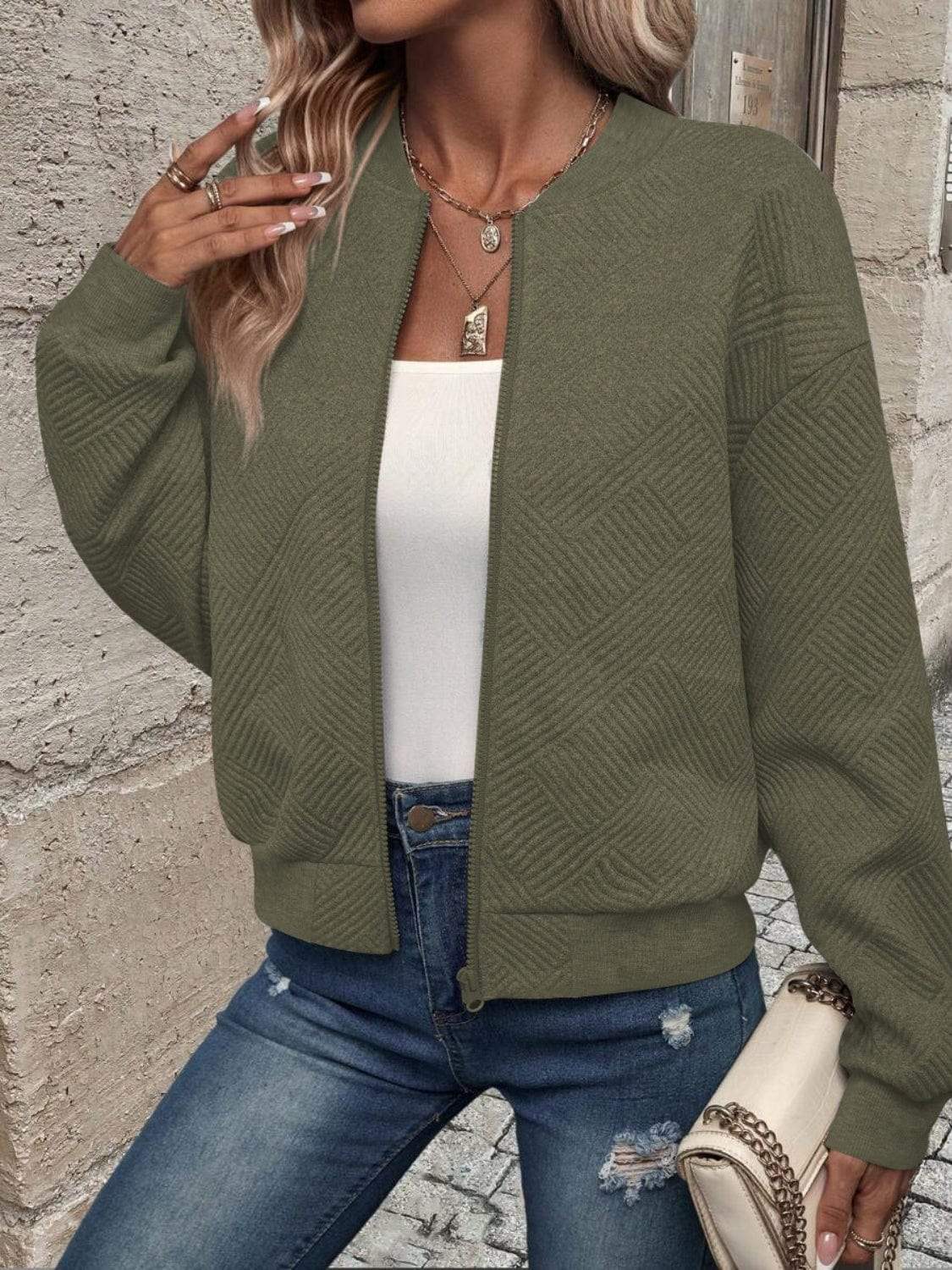 Textured Zip Up Long Sleeve Jacket - Trendsi - Flyclothing LLC