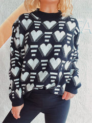 Heart Contrast Long Sleeve Dropped Shoulder Sweater - Trendsi