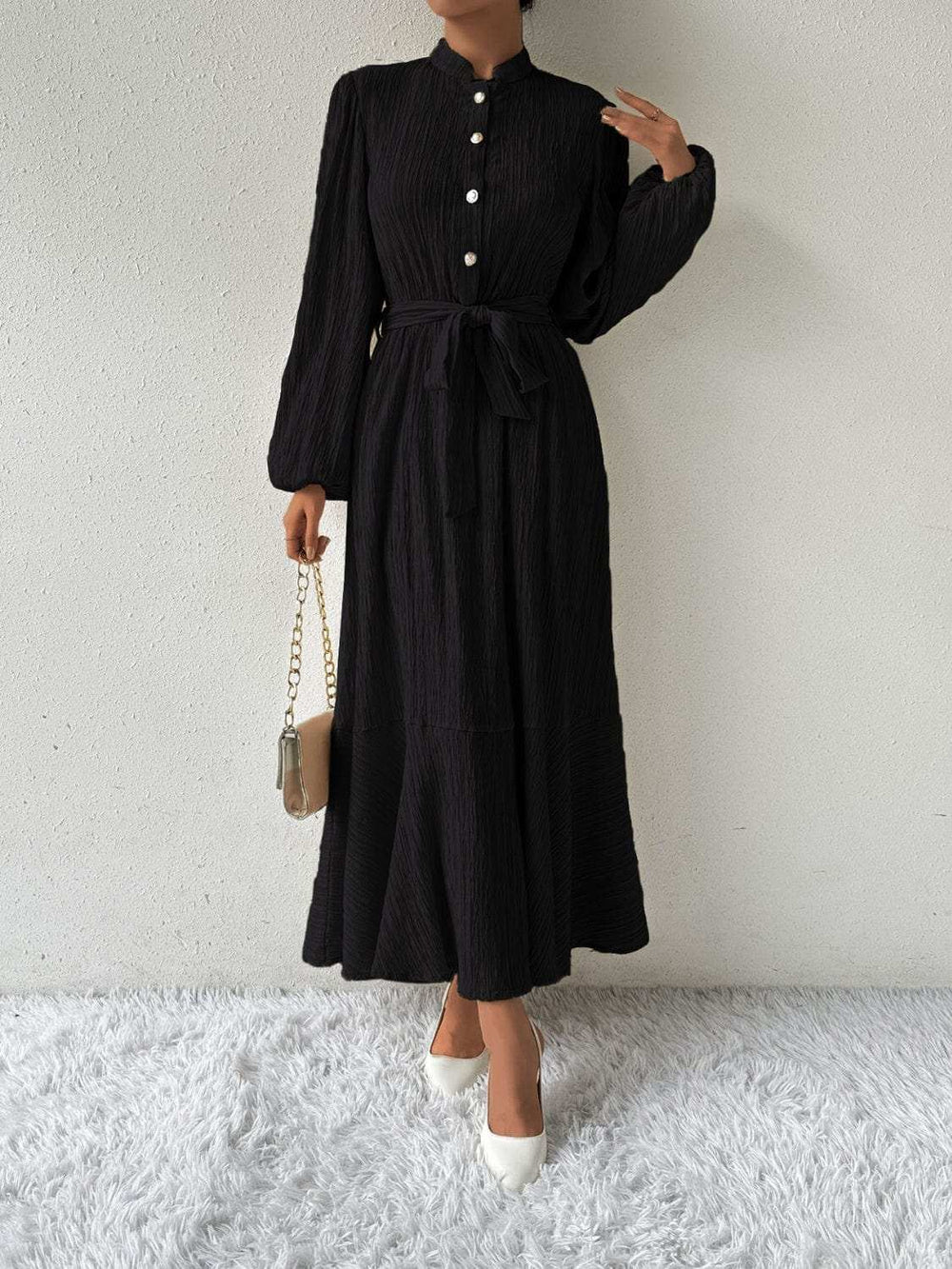 Tie Waist Long Sleeve Dress - Trendsi - Flyclothing LLC