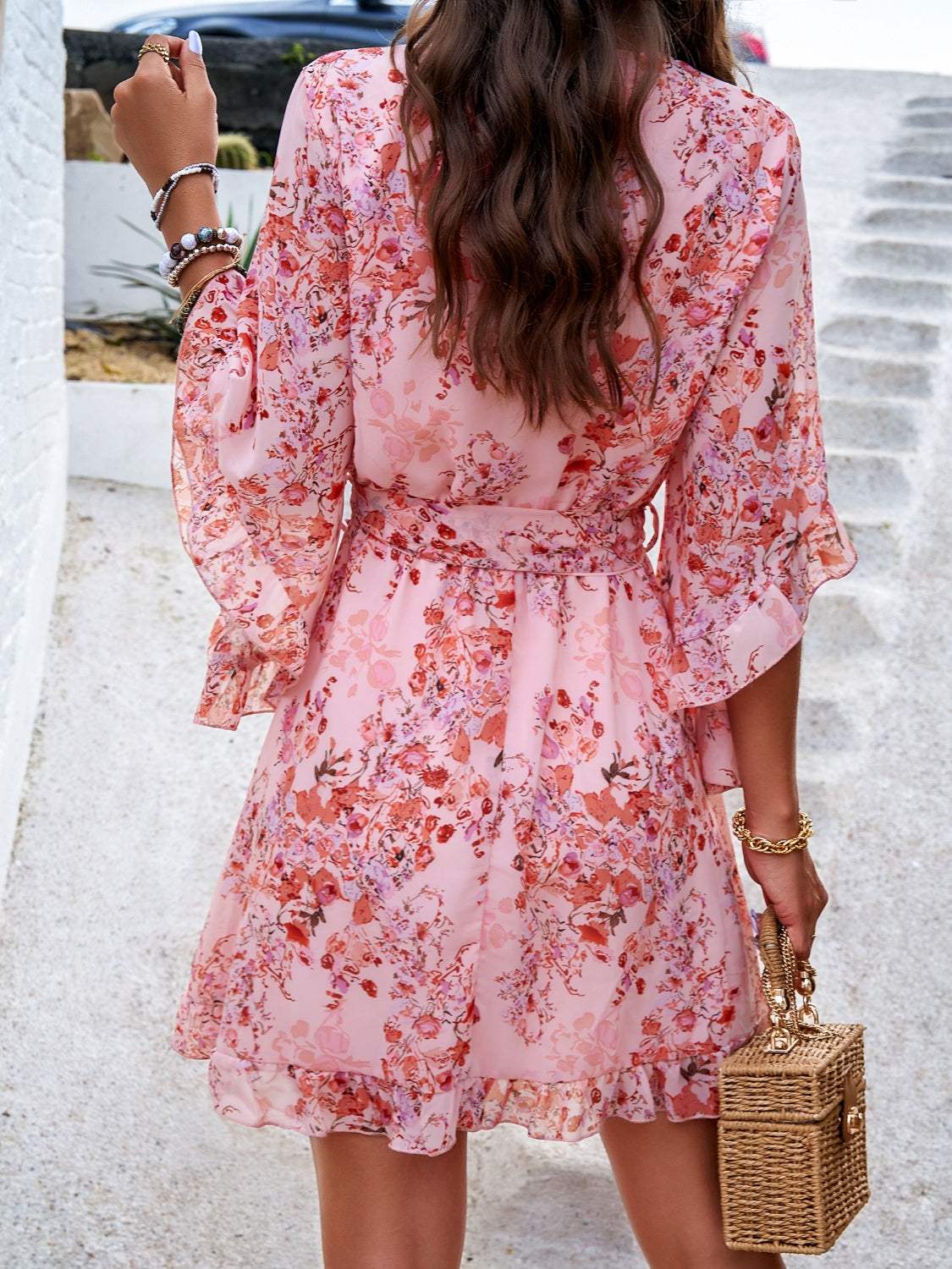 Ruffled Printed Surplice Half Sleeve Mini Dress - Trendsi - Flyclothing LLC