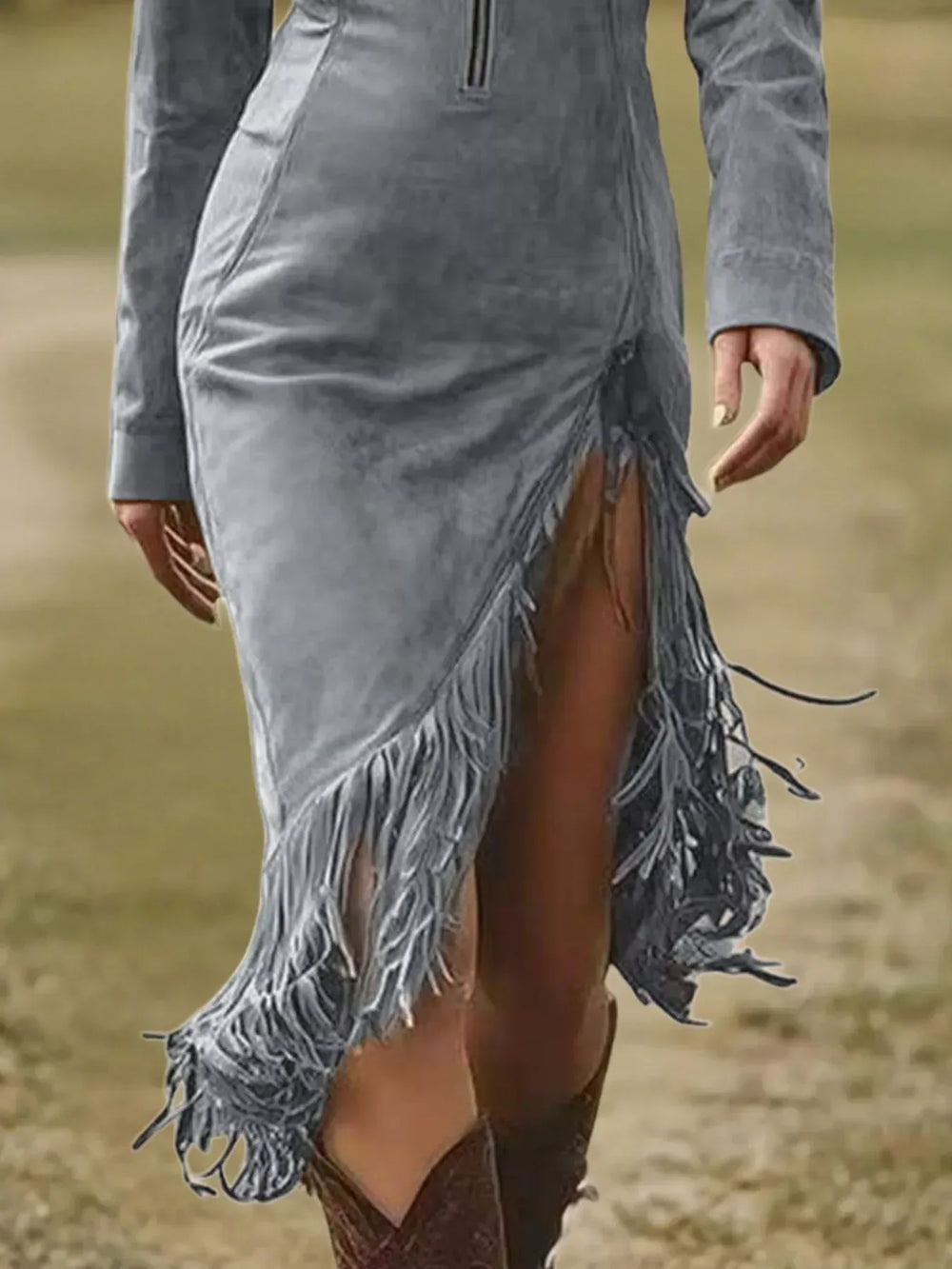 Full Size Fringe Hem Zip Front Bodycon Dress Plus Size - Trendsi - Flyclothing LLC