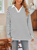 Striped Johnny Collar Long Sleeve T-Shirt - Trendsi - Flyclothing LLC