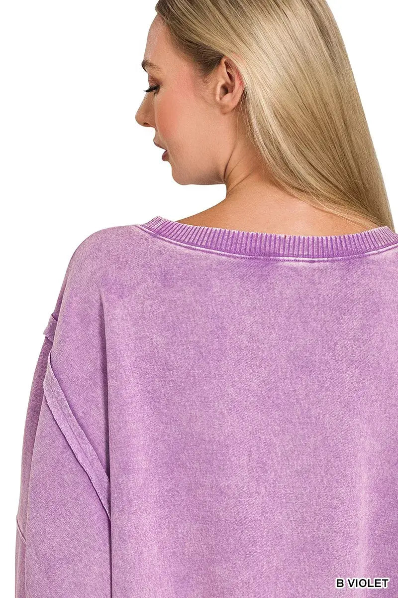 Zenana Acid Washed Batwing Sleeve Fleece Sweatshirt - Trendsi - Flyclothing LLC