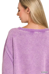 Zenana Acid Washed Batwing Sleeve Fleece Sweatshirt - Trendsi - Flyclothing LLC
