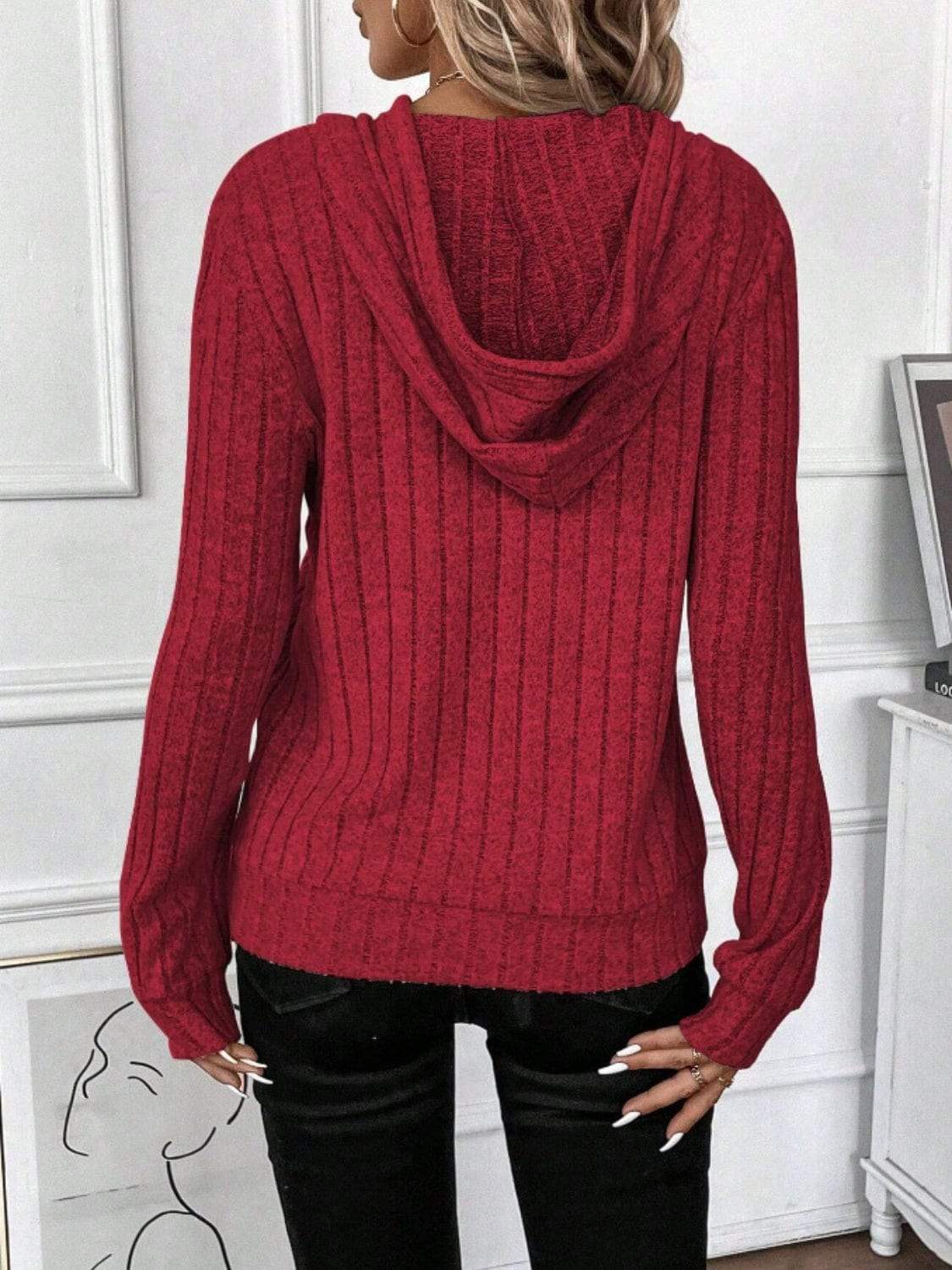 Drawstring Ribbed Long Sleeve Hoodie - Trendsi - Flyclothing LLC
