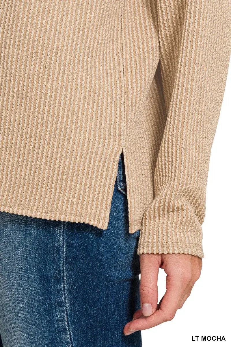 Zenana Long Sleeve Drop Shoulder Rib Top - Trendsi - Flyclothing LLC