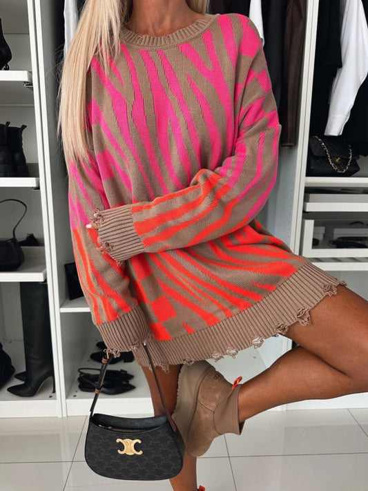 Contrast Round Neck Long Sleeve Oversize Sweater - Trendsi