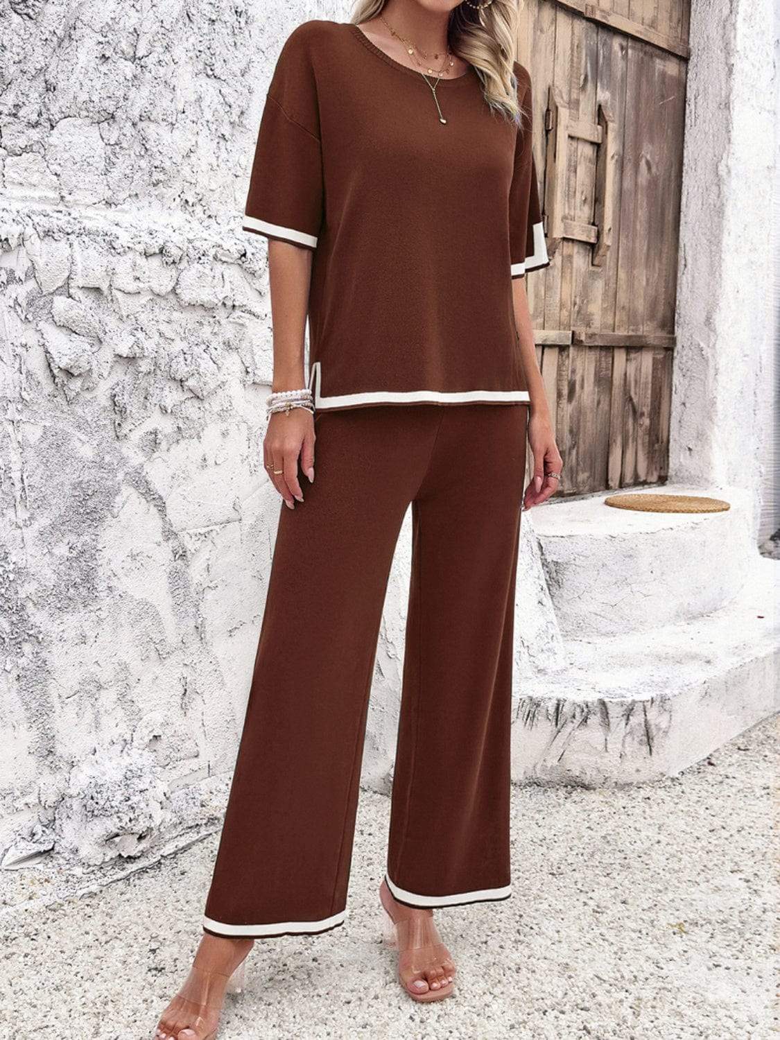 Contrast Trim Round Neck Top and Pants Set - Trendsi - Flyclothing LLC