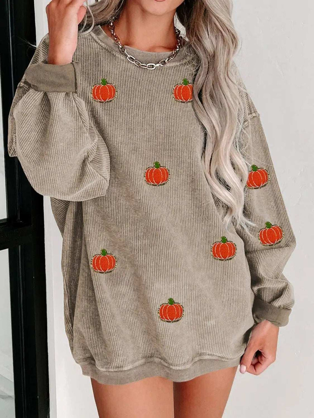 Pumpkin Round Neck Long Sleeve Sweatshirt - Trendsi - Flyclothing LLC