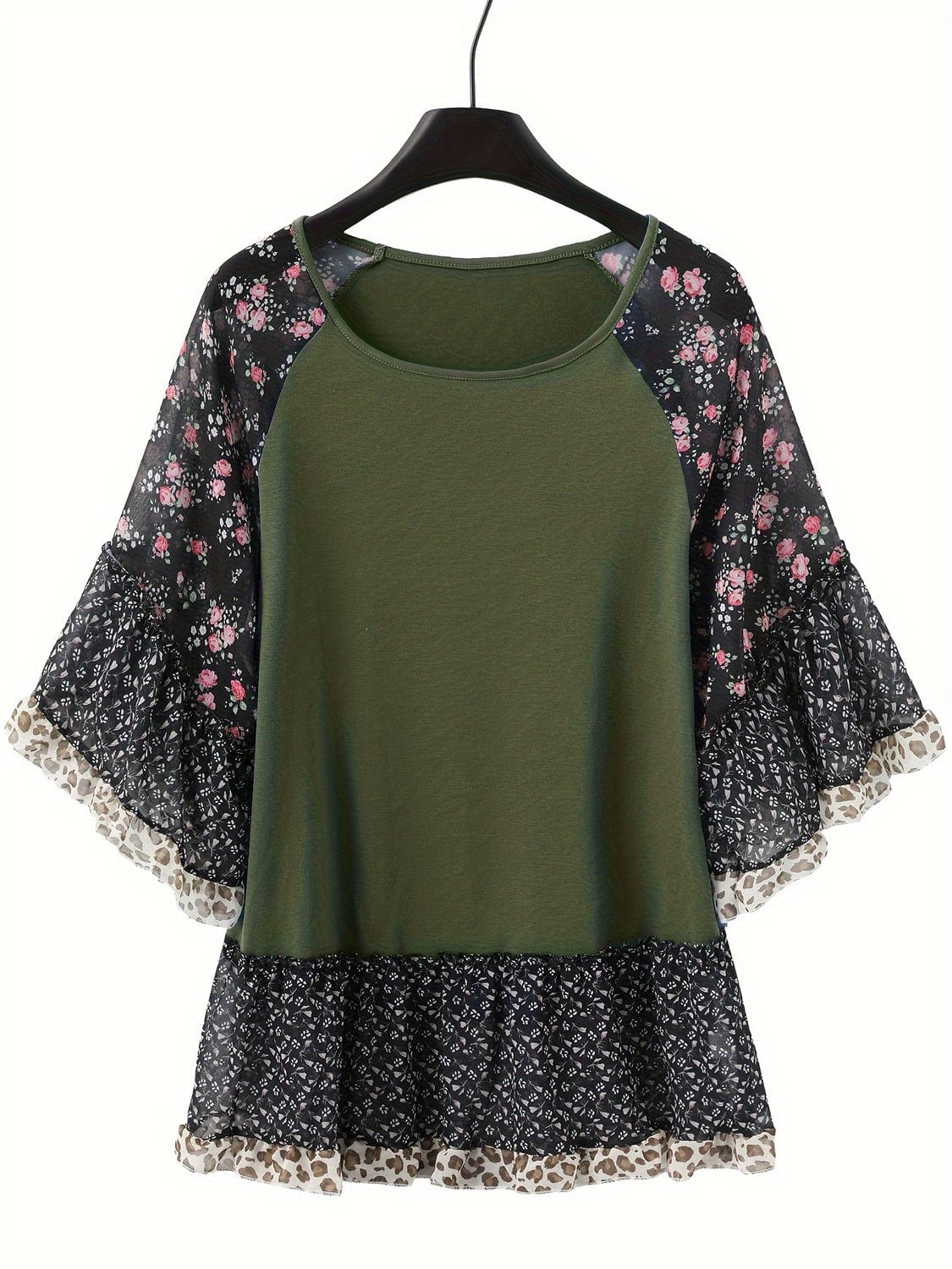 Full Size Frill Printed Round Neck Half Sleeve Blouse - Trendsi