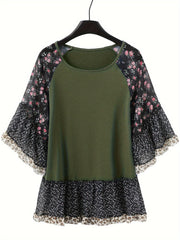 Full Size Frill Printed Round Neck Half Sleeve Blouse - Trendsi