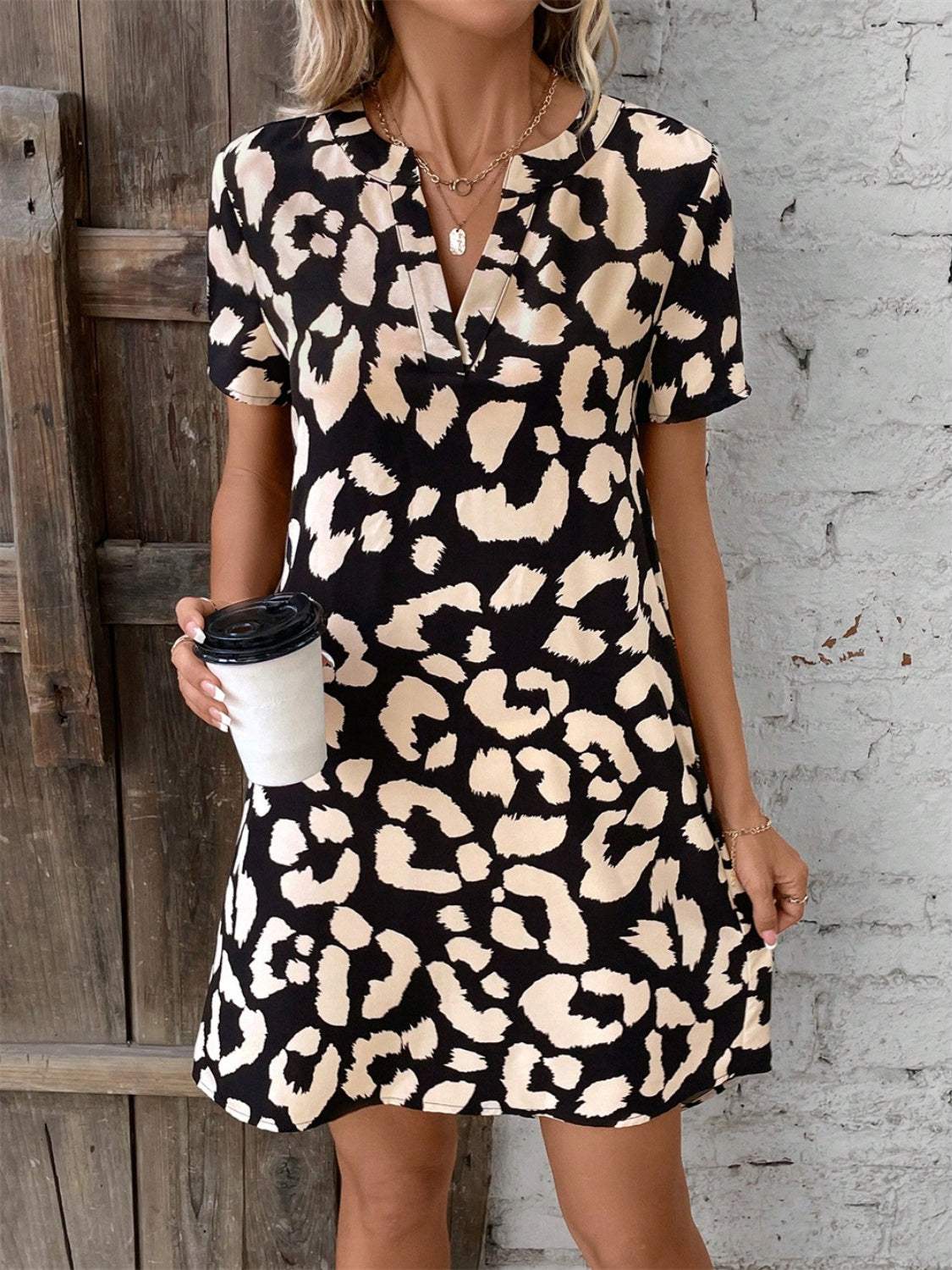 Printed Notched Short Sleeve Mini Dress - Trendsi - Flyclothing LLC