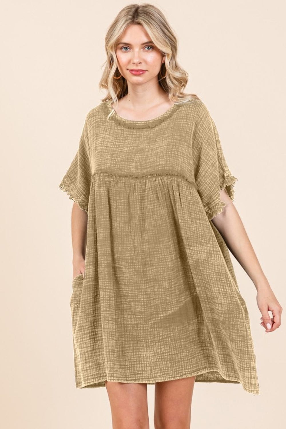 Culture Code Full Size Short Sleeve Babydoll Texture Dress with Pockets - Trendsi