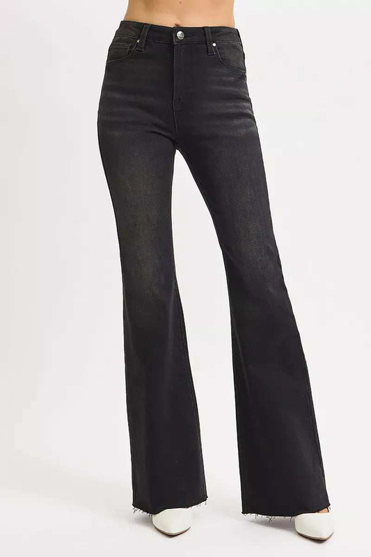 RISEN Full Size High Rise Flare Raw Cut Hem Jeans Plus Size - Trendsi - Flyclothing LLC