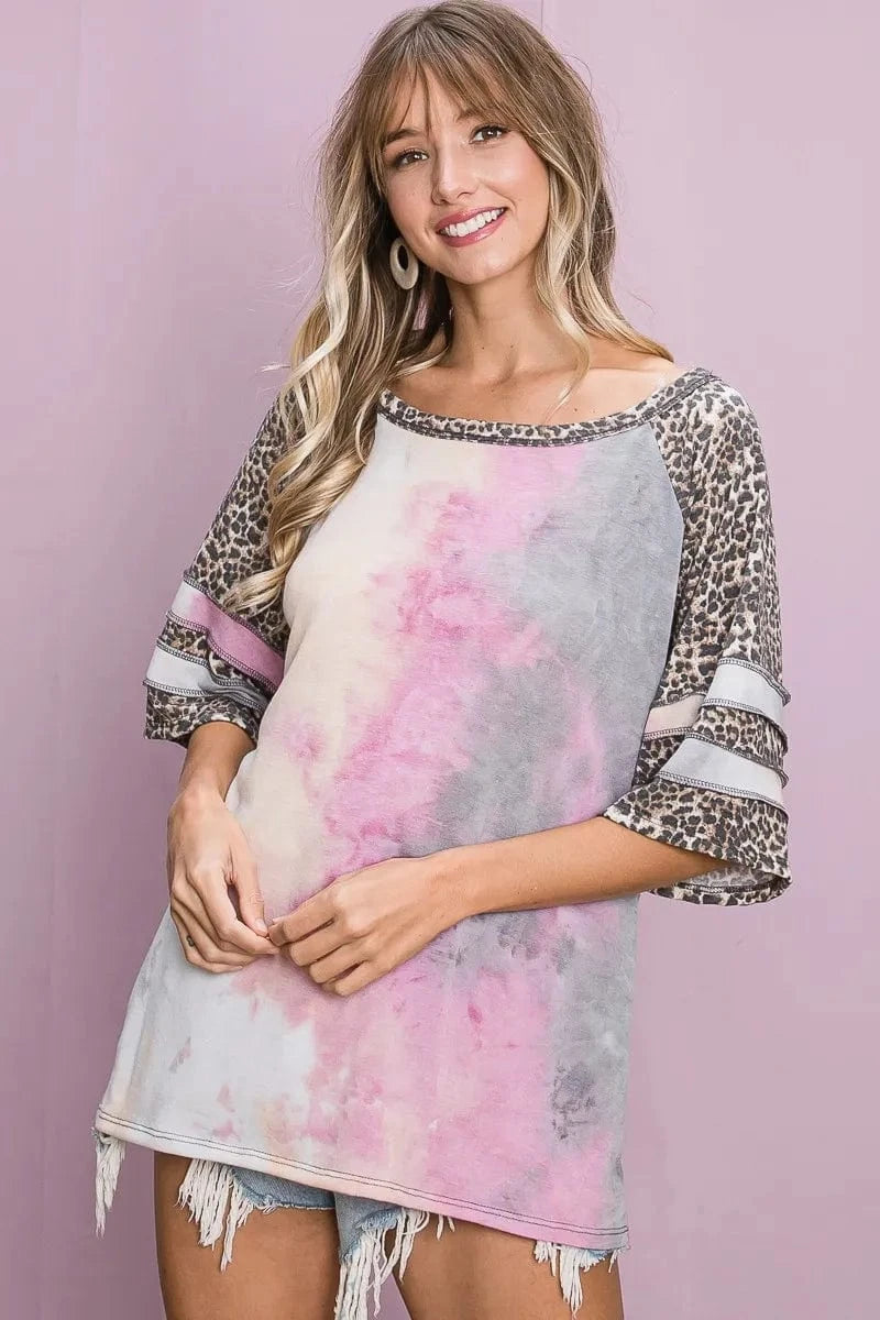 BiBi Tiedye French Terry with Leopard Sleeve Top - Trendsi