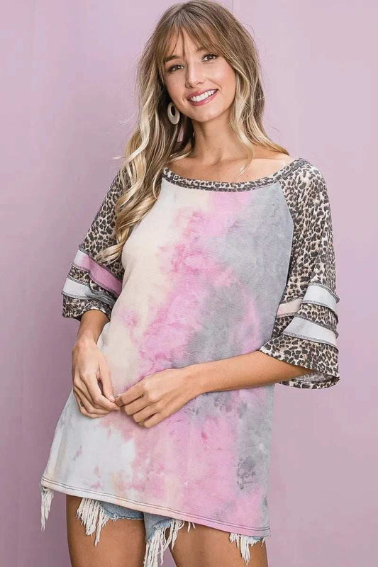 BiBi Tiedye French Terry with Leopard Sleeve Top - Trendsi - Flyclothing LLC