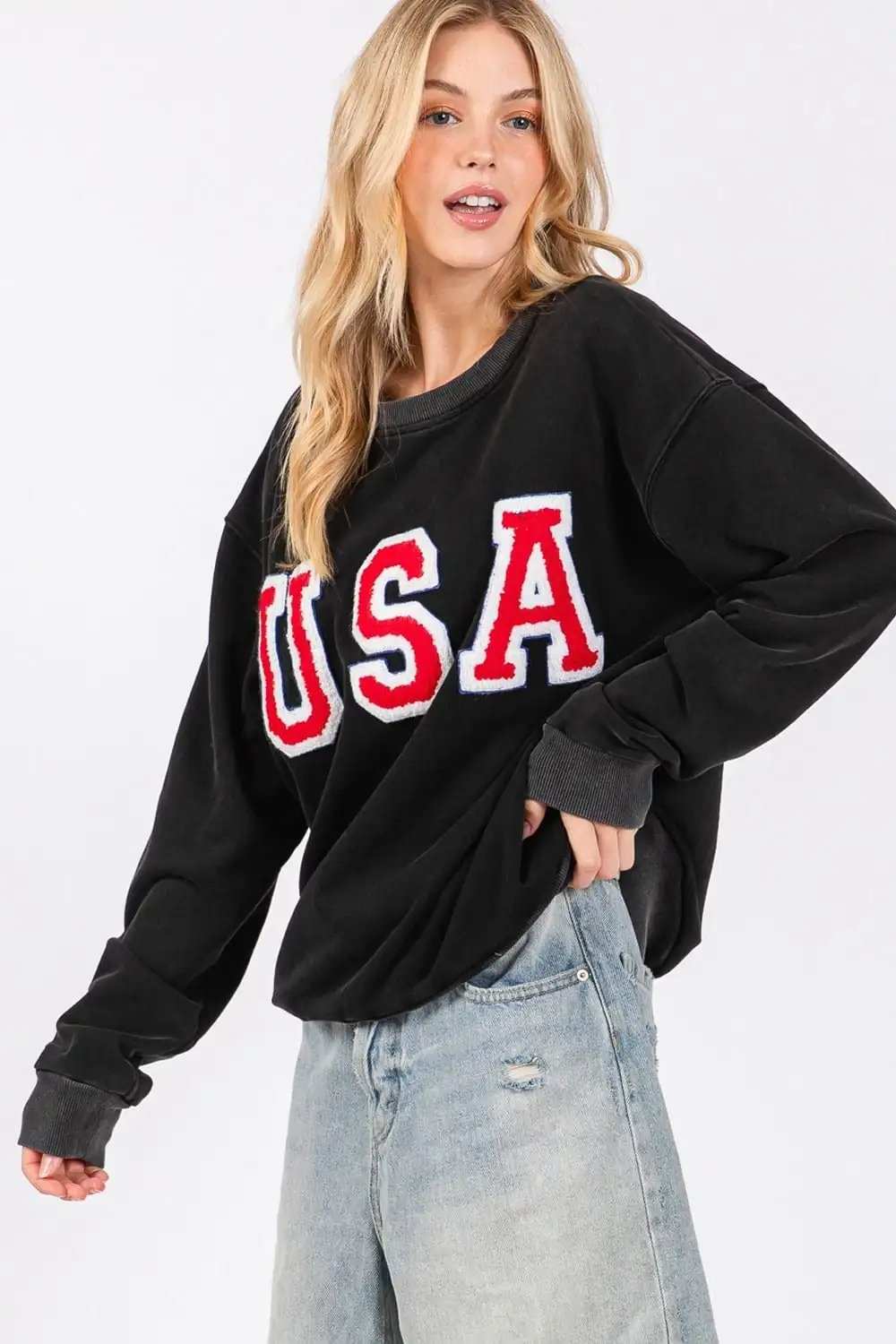 SAGE + FIG USA Letter Patch Round Neck Sweatshirt - Trendsi - Flyclothing LLC