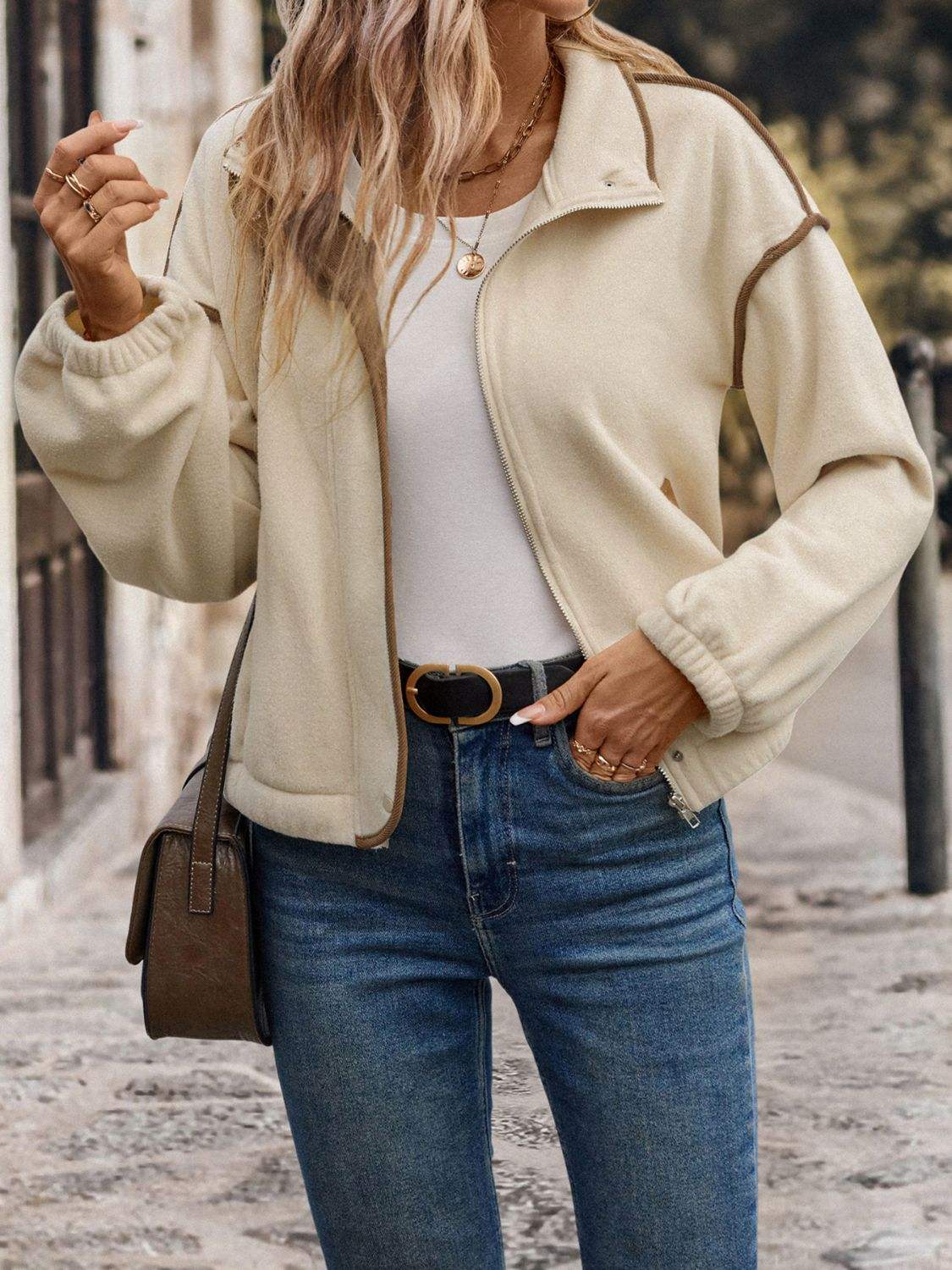Perfee Zip Up Dropped Shoulder Polar Fleece Jacket - Trendsi - Flyclothing LLC