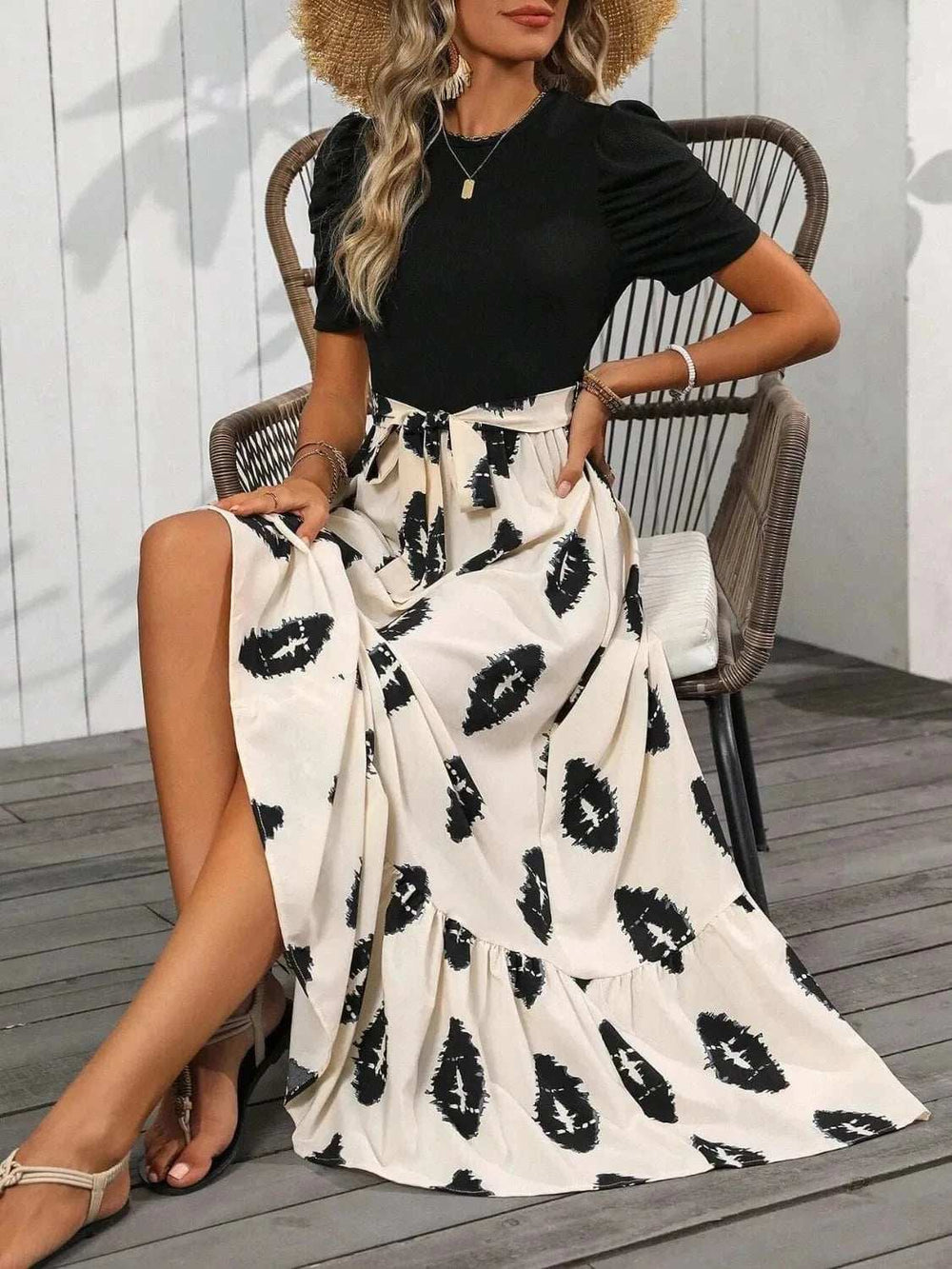 Printed Tie Waist Short Sleeve Maxi Dress - Trendsi - Flyclothing LLC