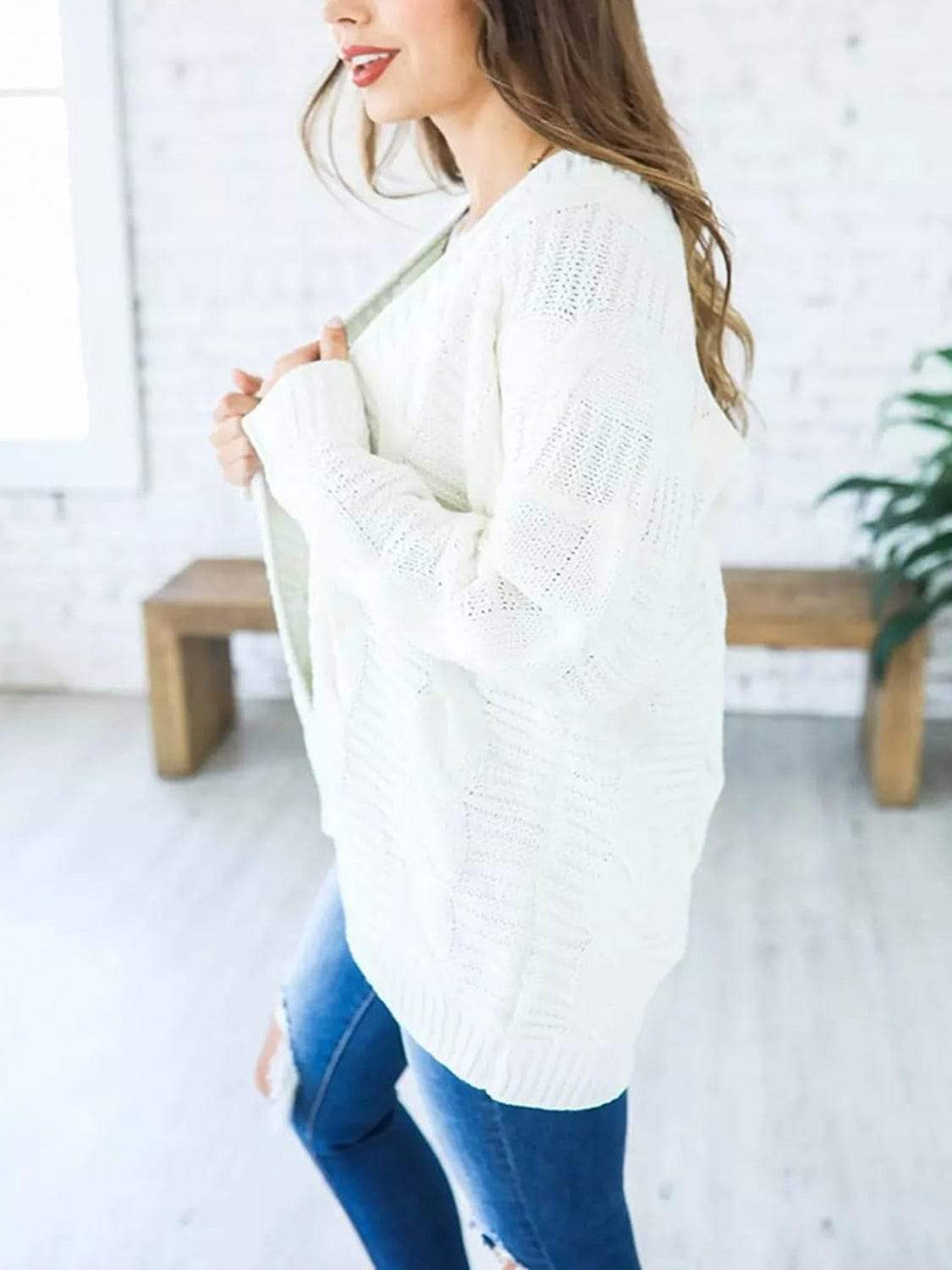 Cable-Knit Open Front Long Sleeve Cardigan - Trendsi - Flyclothing LLC