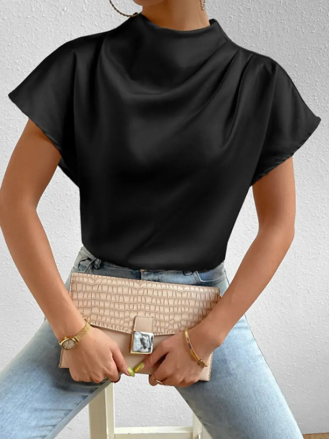 Mock Neck Short Sleeve Blouse - Trendsi - Flyclothing LLC