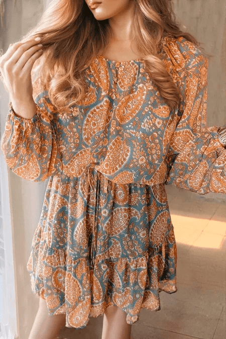 Ruffle Hem Printed Long Sleeve Dress - Trendsi - Flyclothing LLC