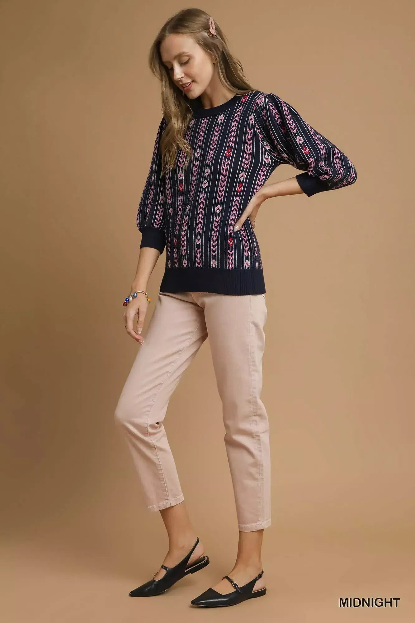 Umgee Jacquard Knit Puff Sleeve Sweater - Trendsi - Flyclothing LLC