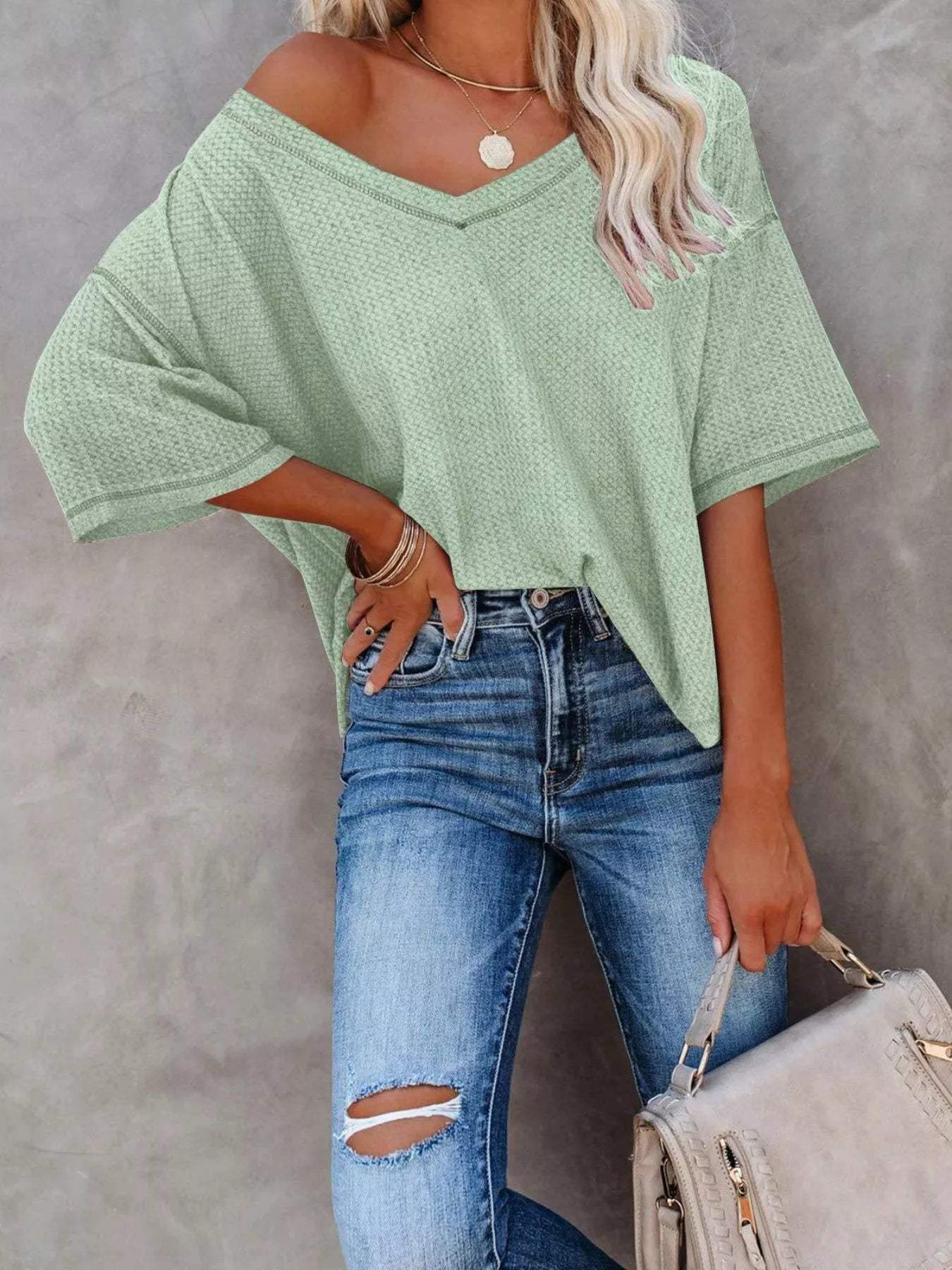 Waffle Knit V-Neck Short Sleeve T-Shirt - Trendsi - Flyclothing LLC