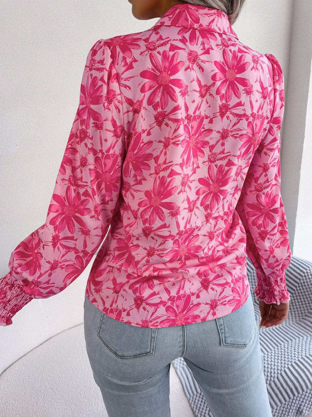 Floral Collared Neck Long Sleeve Shirt - Trendsi - Flyclothing LLC