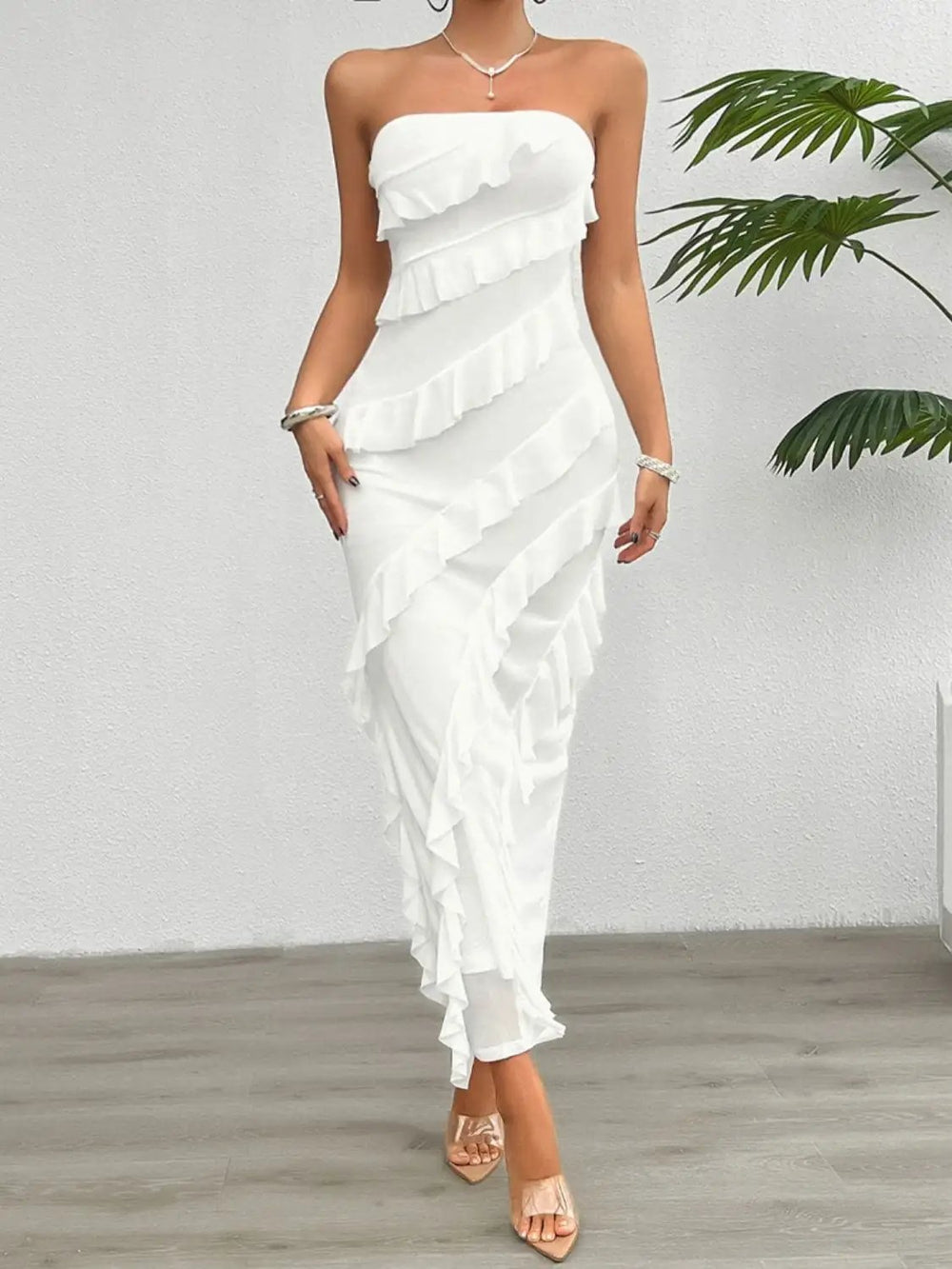 Devine Ruffled Slit Back Tube Maxi Dress - Trendsi